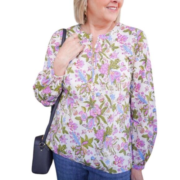 EUC Talbots Flourishing Vine Popover Top Sz M Floral White Purple Long Sleeve - Picture 2 of 6